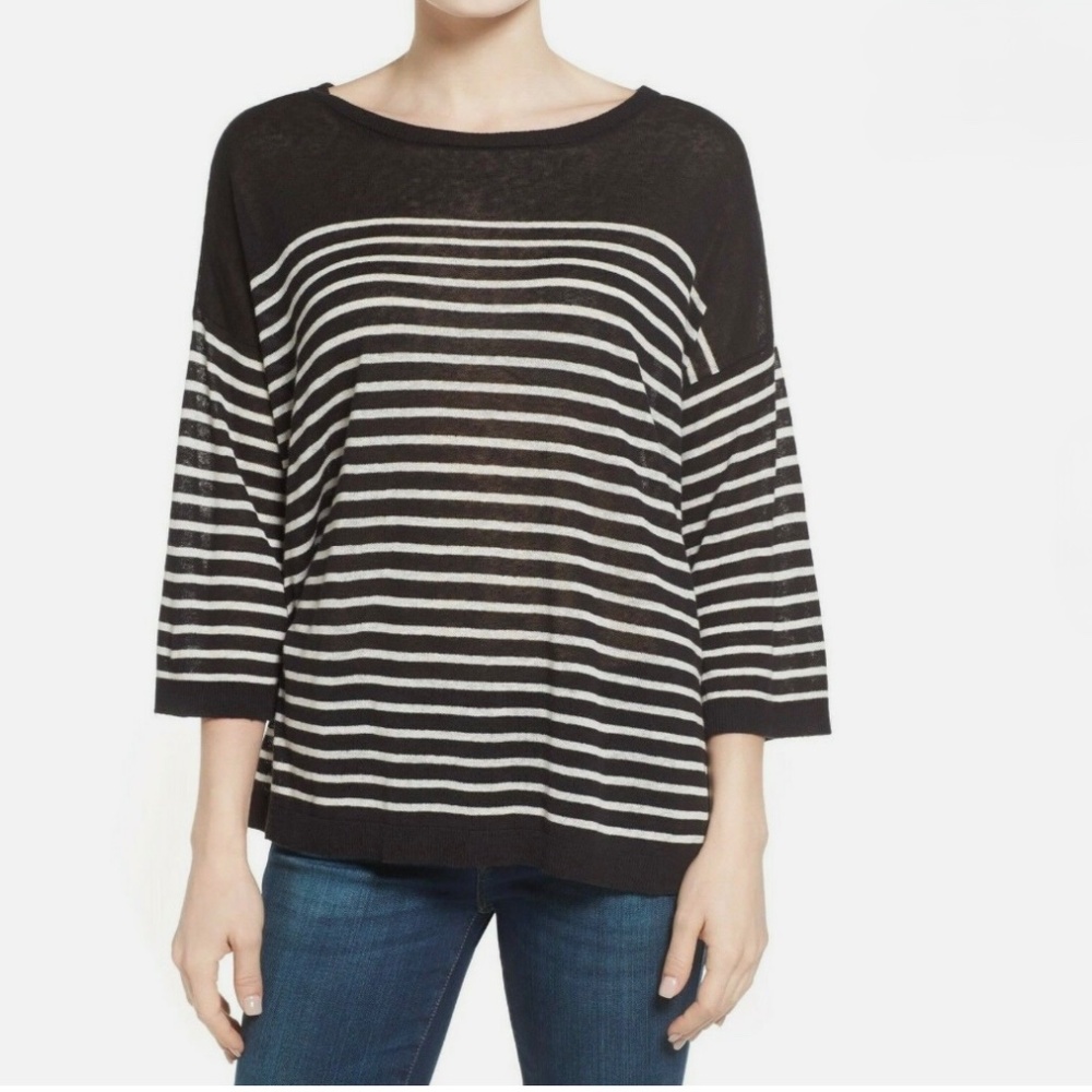 NYDJ Serra Stripe Linen Blend Sweater Tee XXSP Black/Natural White